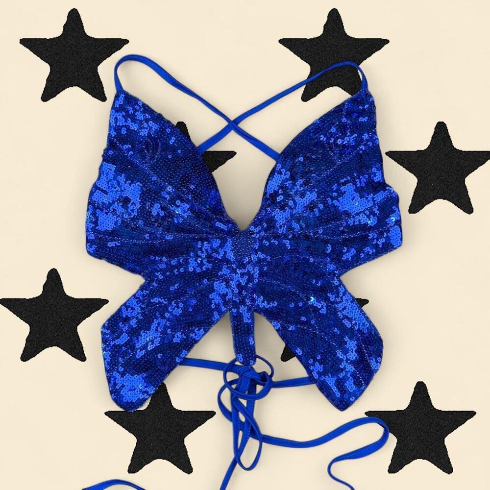 ★ Y2K Blue Sequin Butterfly Top – Backless Tie Top ★